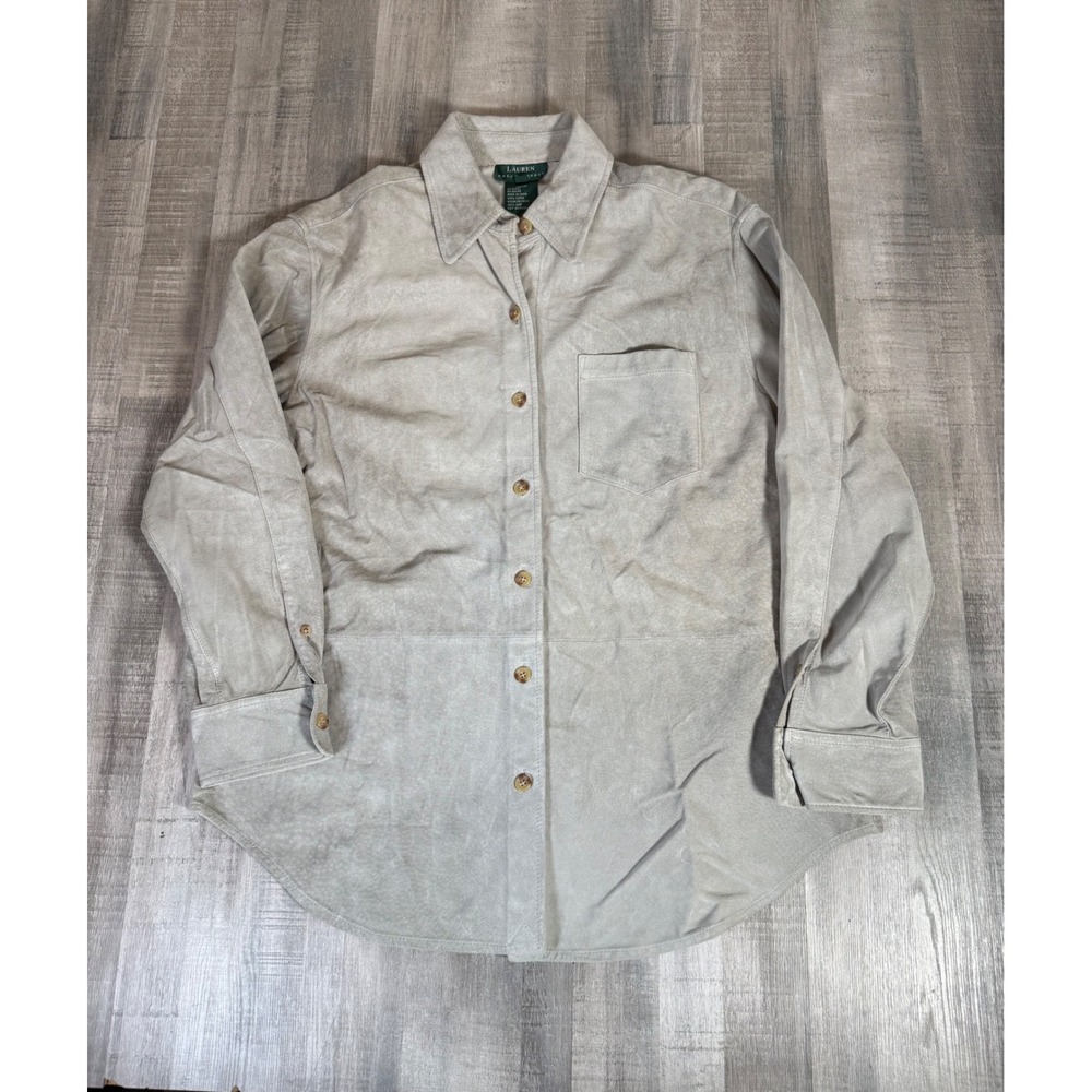 Lauren Ralph Lauren Suede Leather Button Up Shirt Mens Large Pocket Money Preppy